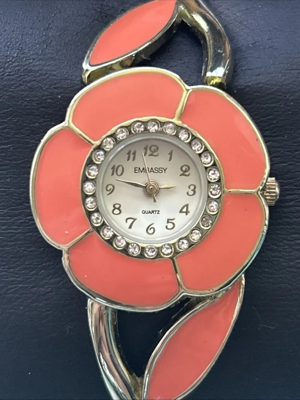 Embassy Gold Tone Orange Floral Bezel Womens Cuff Watch